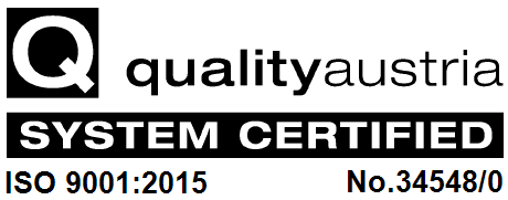 Quality Austria — System Certified, ISO 9001:2015, No. 34548/0